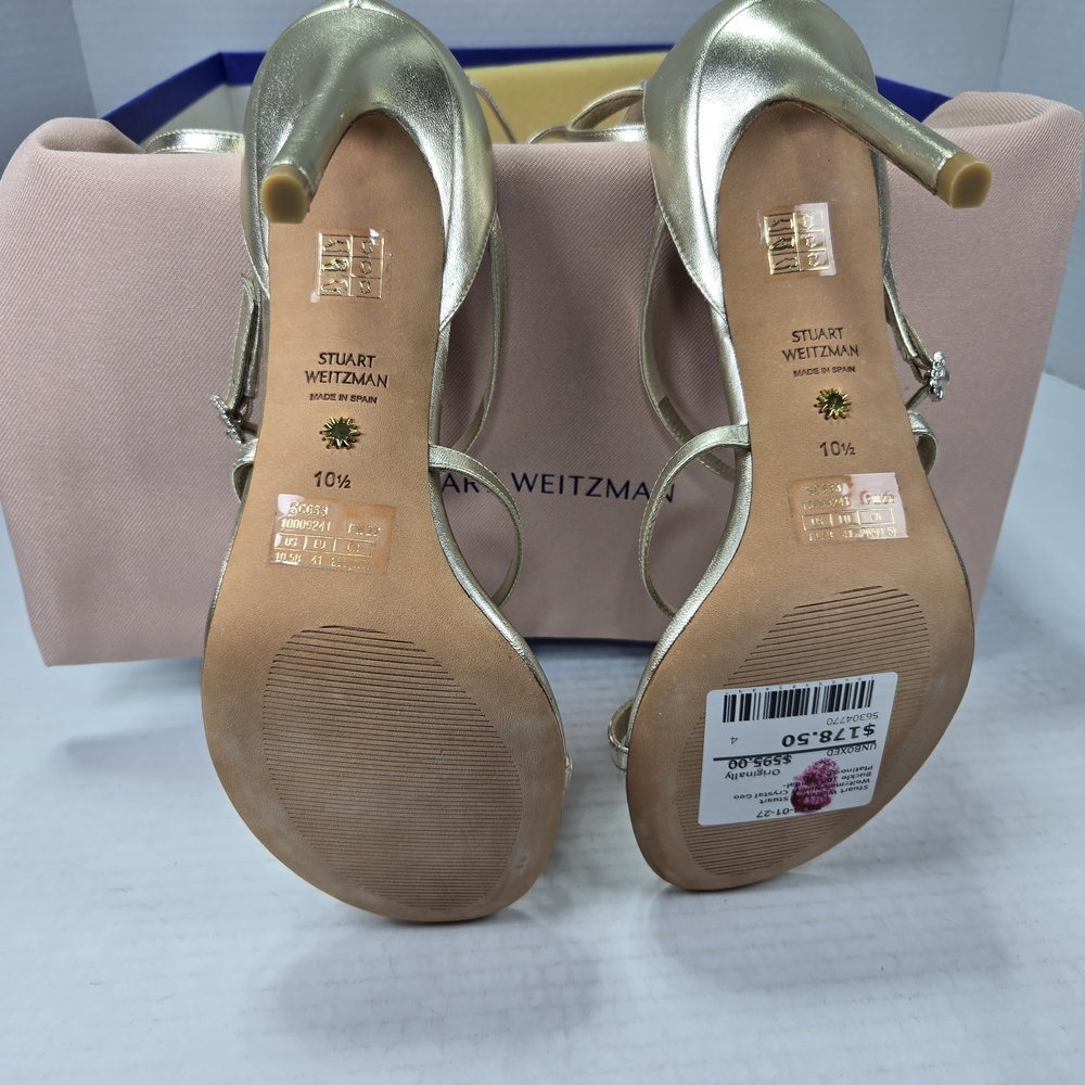 Stuart Weitzman Nudist Geo Crystal Geo Buckle 100mm Metallic Heels Size 10 1/2 - Picture 11 of 14